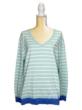 Vineyard Vines Cotton Cashmere V-Sweater Women’s Large Striped Mint White Blue